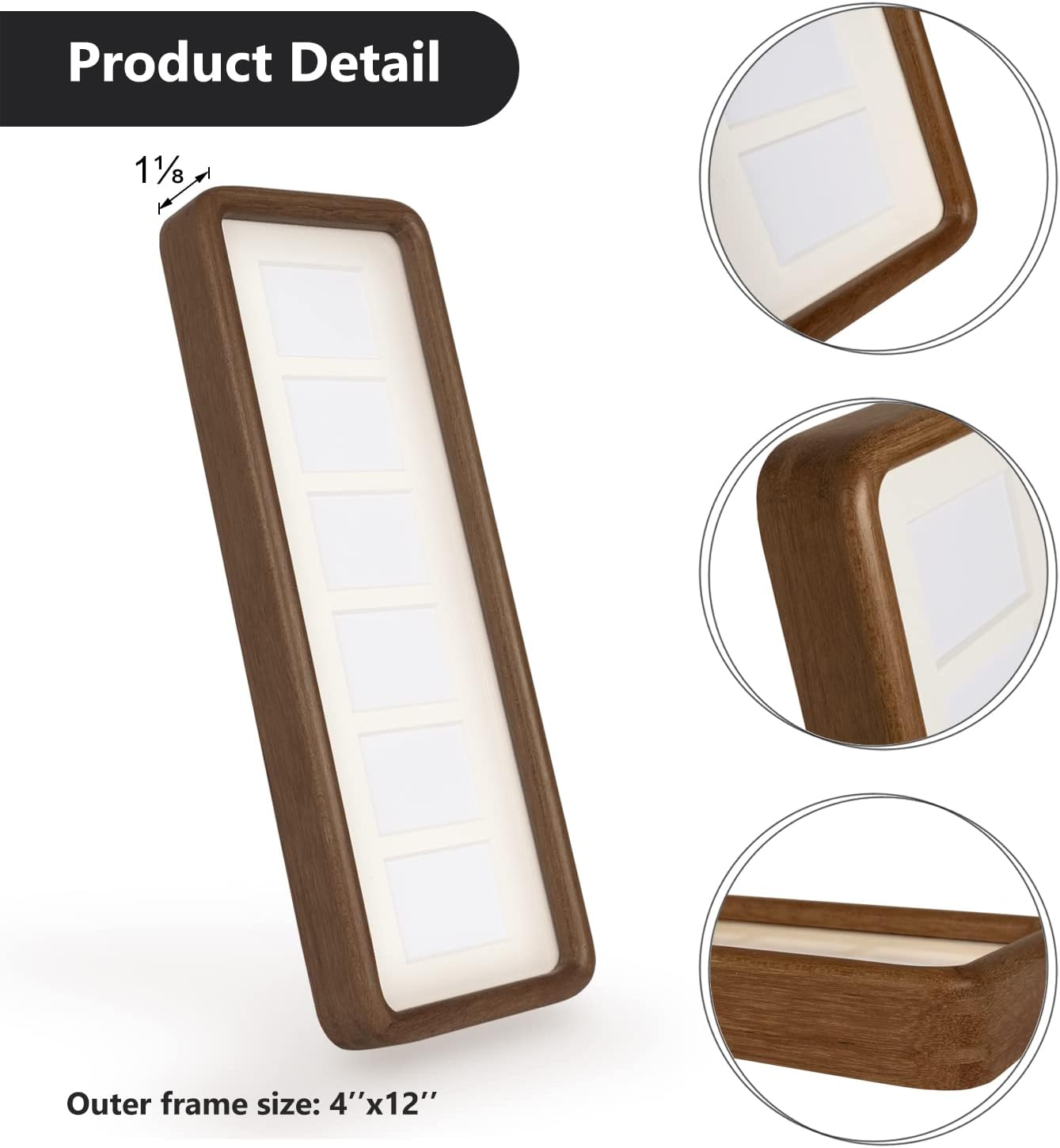 Hans 4""x12"" Collage Picture Frame with Single Mat, 1.5x2.5 Collage Matted Frame - Wall Mounting Horizontal or Vertical Display(6 Openings), Walnut