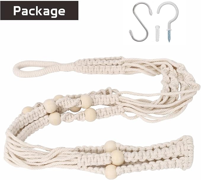 Macrame Plant Hanger 35", No Tassel Hanging Plant Holder, Sturdy Flower Pot Holder with 2 Hooks - Ivory