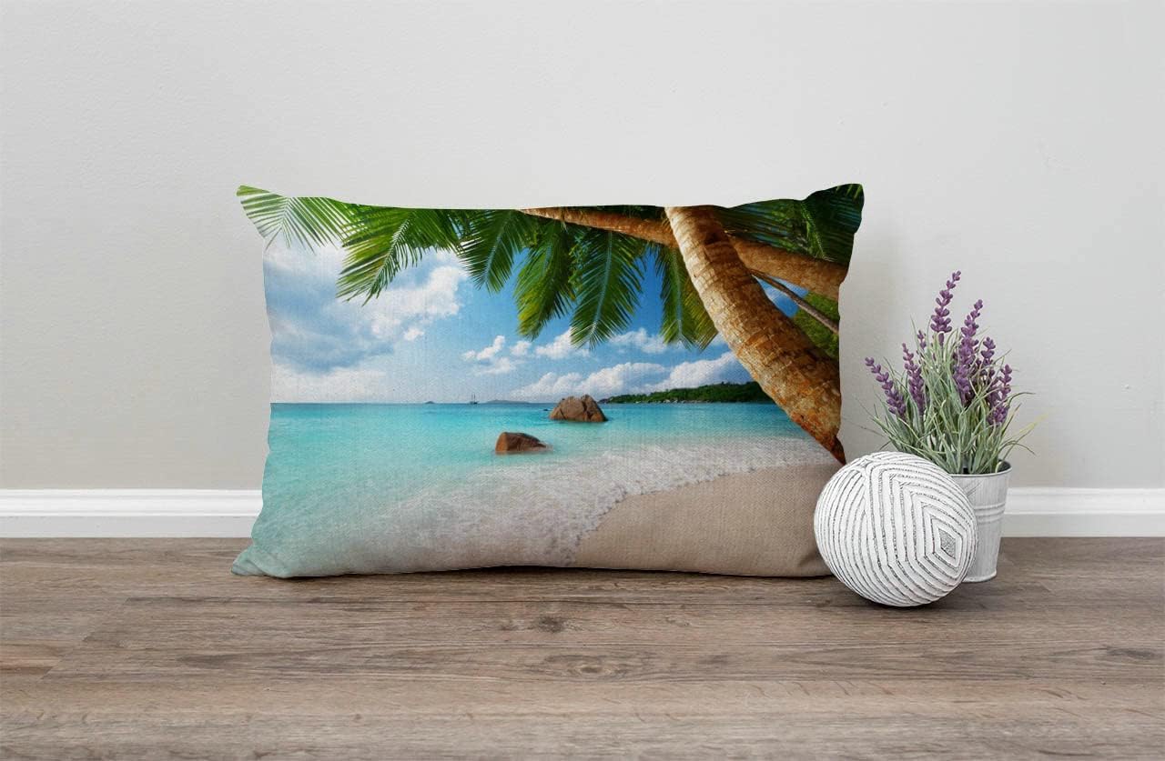 Farmhouse Decorative Outdoor Throw Pillow Covers for Couch Sofa Bed Tropical Palm Tree ANSE Lazio Beach at Praslin Island Pillow Cover Modern Decor Pillow Case 12 x 20 Inch Jcp133