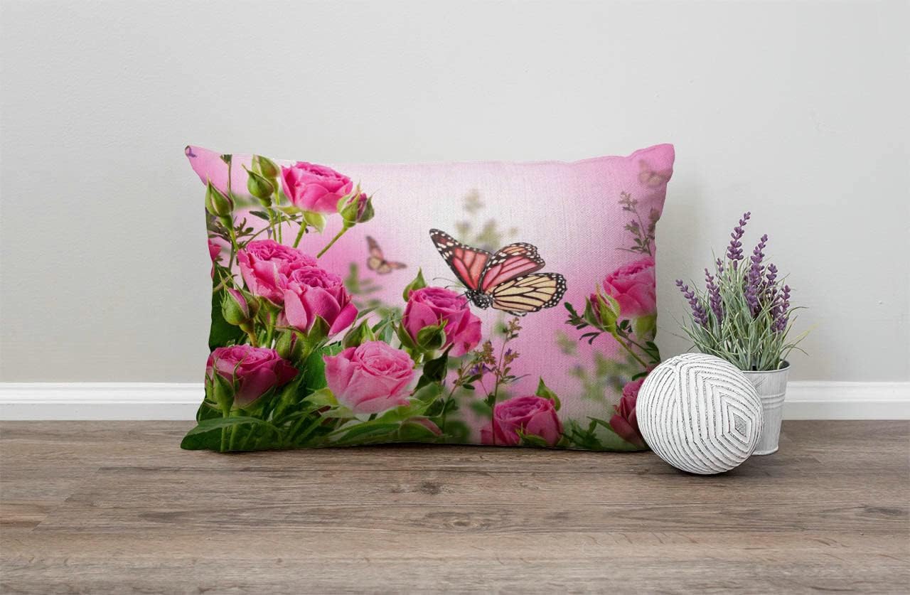 Flower Decor Butterfly Fliying on The Pink Rose Pillow Covers 12" x 20" Lumbar Pillow Covers Home Decorative Cotton Linen Cushion Case for Sofa Couch Housewarming Family Room Décor