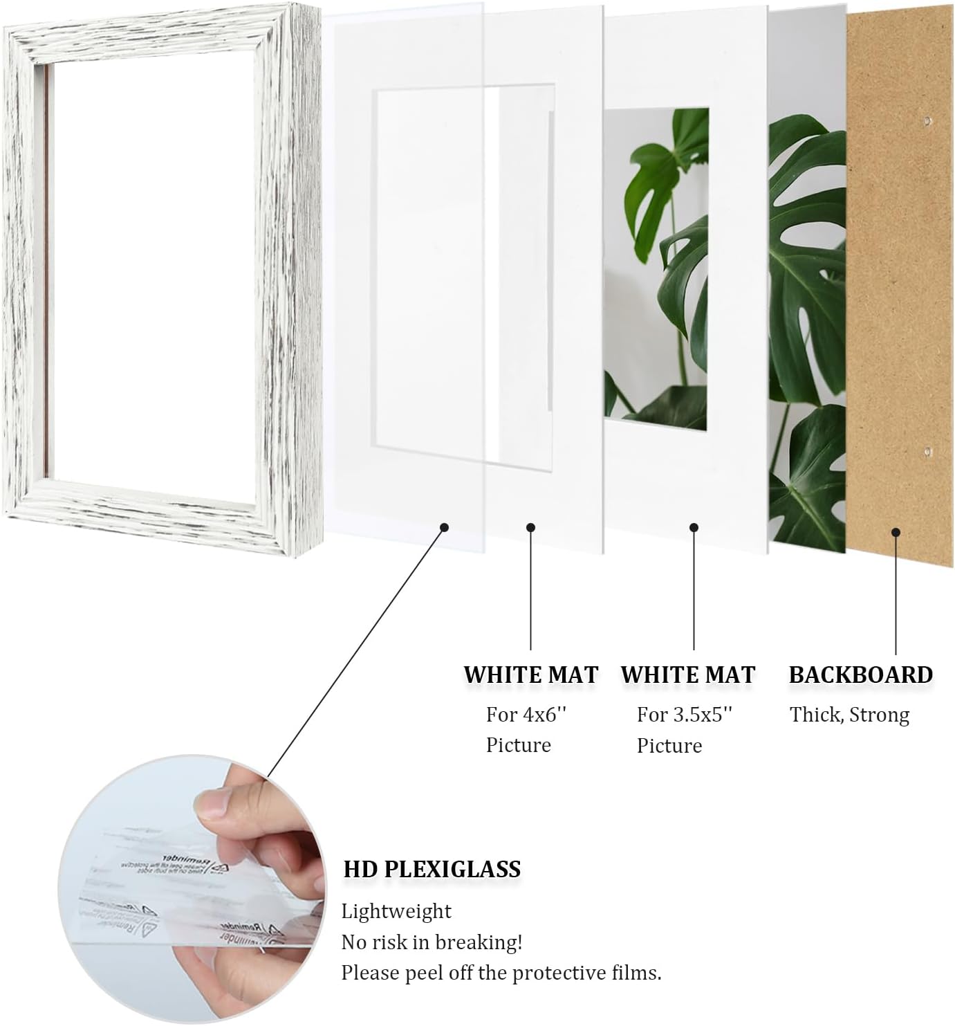 Egofine 4x6 Picture Frames Set of 4, Made of Solid Wood Covered by Plexiglass 3.5x5 with Mat or 4x6 without Mat, for Table Top Display and Wall Mounting Photo Frame Driftwood White