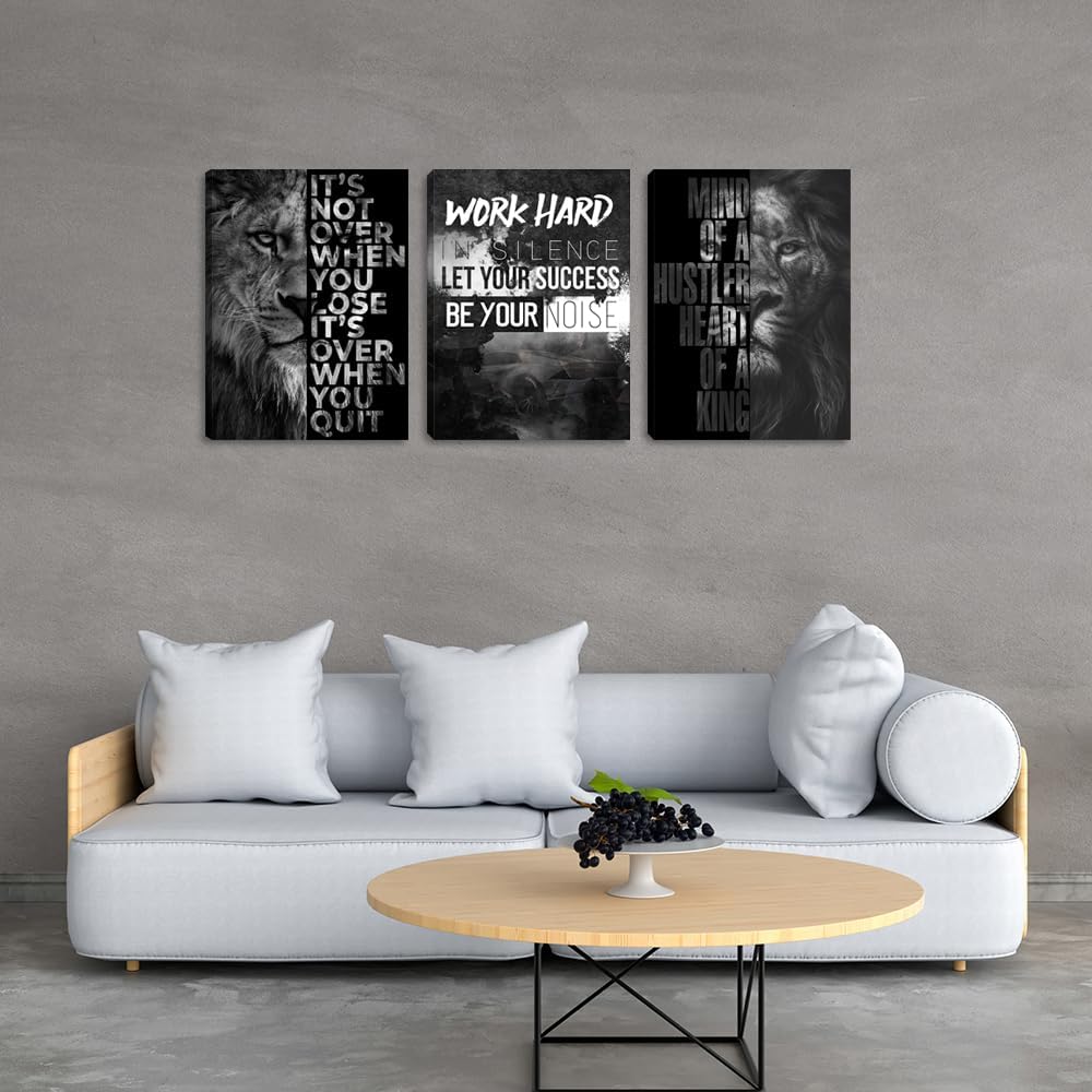 Large Motivational Canvas Wall Art 3 Pieces Lion Poster Inspirational Positive Wall Art Quotes Success Canvas Picture Print Artwork Framed for Home Office Room Gym Workplace Wall Decor (72''Wx 36''H)