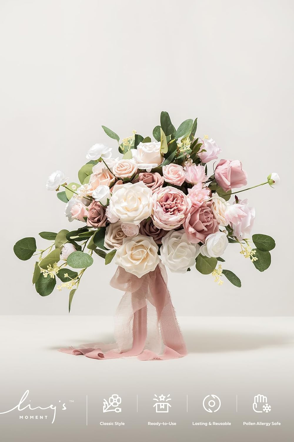 Ling's moment Pink Wedding Bouquets for Bride, Dusty Rose Bridal Bouquets for Bride, 15 Inch Free Form Artificial Wedding Flowers Bouquets