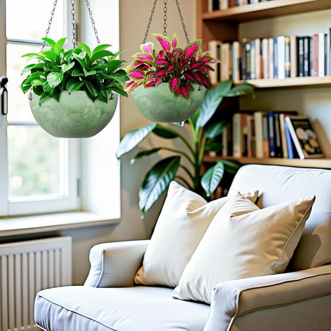 Marble Pattern 10 Inch Hanging Planter for Indoor Outdoor Plants, 2 Pack Hanging Planter Basket for Garden Home Decor Use (Green)