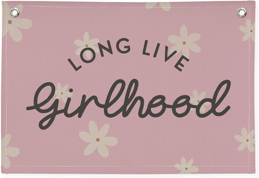 Long Live Girlhood Linen Banner Hanging Pink Flag Flower Banner for Nursery Playroom Wall Decor for Kids Bedroom Living Room Dorm Toddler Decorations Trendy Room 30x20 In (Girlhood)