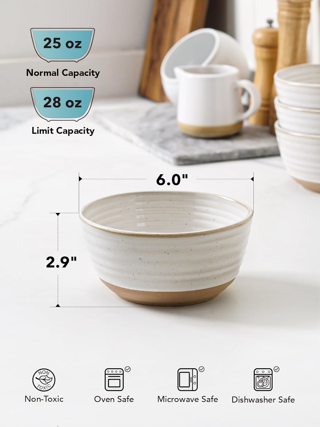 LE TAUCI Cereal Bowls Set of 4, Ceramic Soup Bowl 28 oz, Stoneware Kitchen Bowl for Pho, Chip, Fruit, Salad, Noodle, Ramen, Dishwasher Oven Microwave Safe - 6 Inch, Arctic white