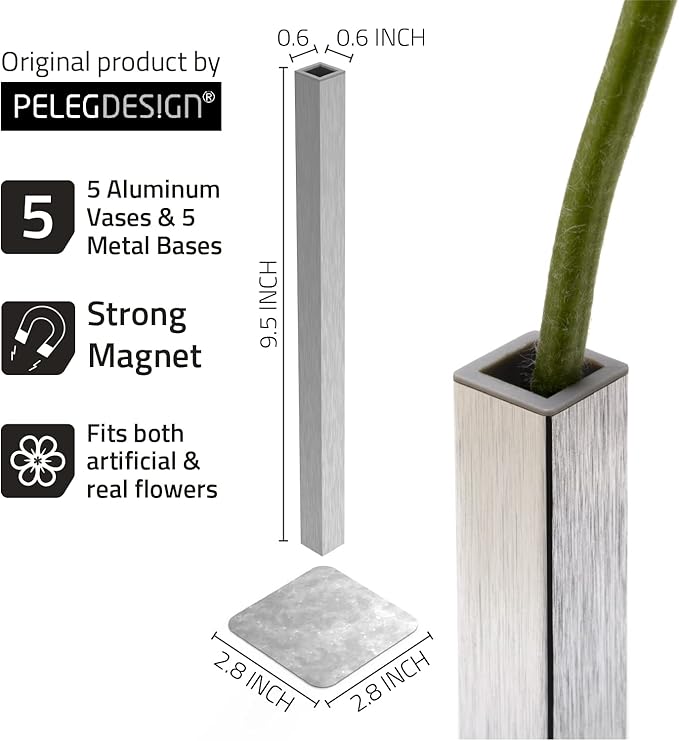PELEG DESIGN Magnetic Flower Vase - Unique and Modern Set of 5 Silver Aluminum Vases for Home Garden Décor | 9.4 x 0.6 x 0.6 inches | Suitable for Both Real and Artificial Flowers