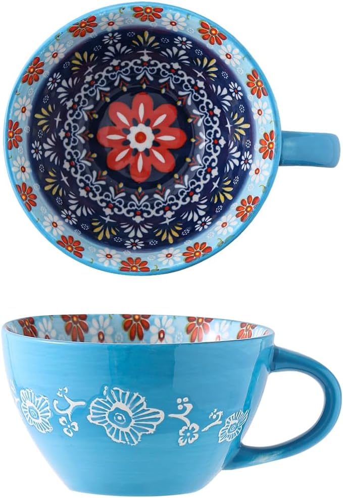 Bohemian Hand-Painted Ceramic Mug, 15 Oz Large Coffee Cup for Milk, Tea, and Breakfast, Dishwasher & Microwave Safe Artisan Cup, Baby Blue