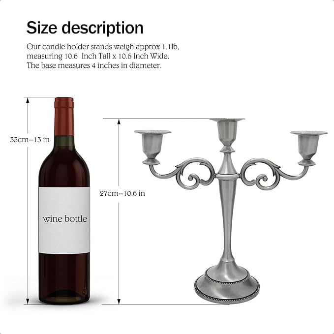 3-Candle Metal Candelabra Candlesticks Holder for Formal Events, Wedding, Church, Holiday Décor, Halloween – Taper Candle Holder Stand Centerpiece Elegant Decoration Piece for Table,Pewter
