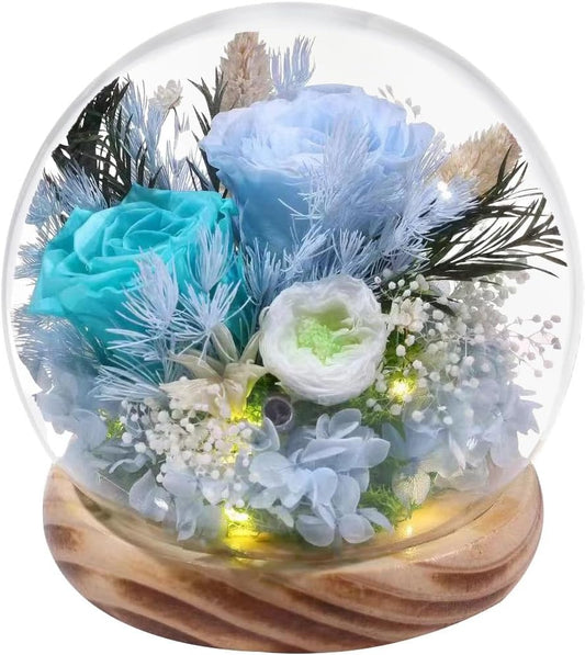 Long-lasting real flowers，Preserved Rose in Glass Dome with Hydrangea and LED Light，Roses Gifts for Women Mom Her Grandma on Mothers Day Birthday Valentines Day Christmas Thanksgiving(Aqua&Blue Rose)