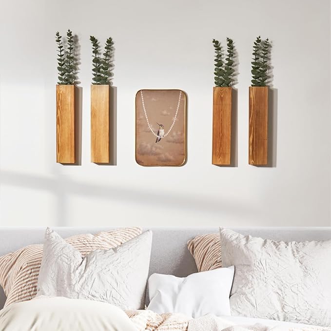 4-Pack Wood Wall Planters with 8 Removable Faux Eucalyptus Stems - Modern Farmhouse Wall Decor for Living Room, Bedroom, Bathroom - Wooden Wall Vases and Fake Eucalyptus for Home Office Decor