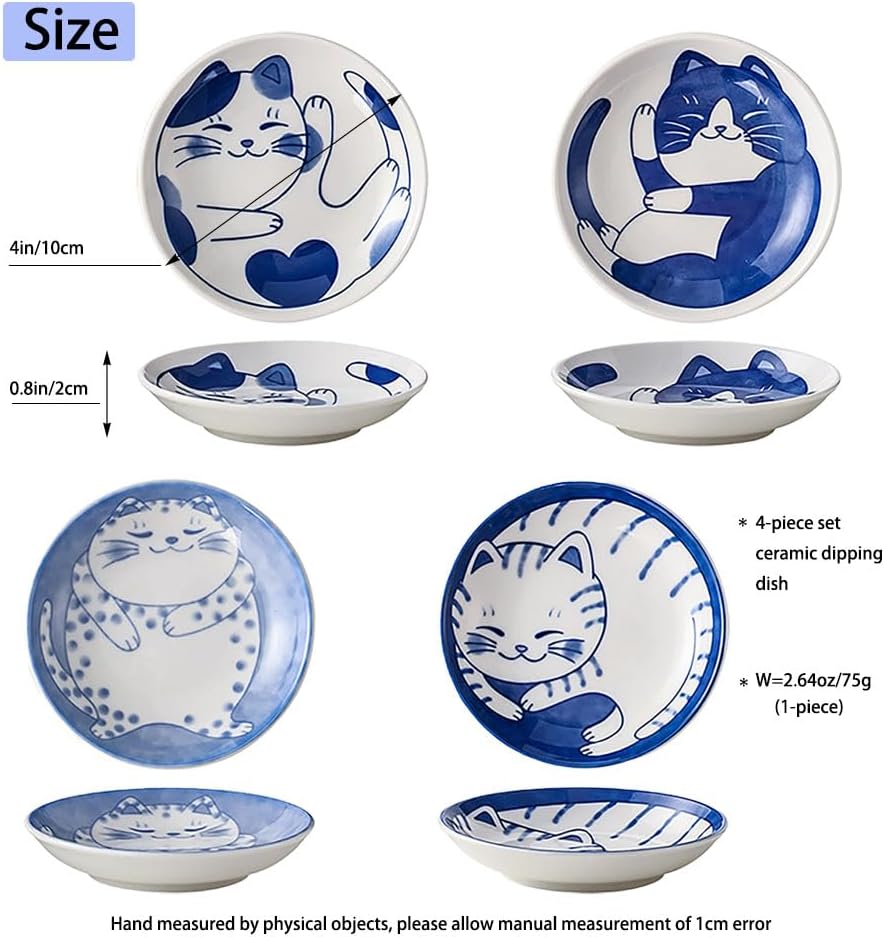 Cute Cat Soy Sauce Plate Set of 4, Japanese Ceramic Cat Bowls - Small 4 Inches Set for Appetizer, Dessert, Sushi - Serving Dish Set of 4