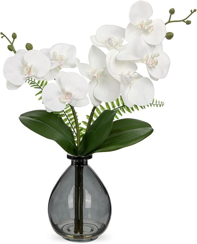 White Orchids Artificial Flowers, Faux Orchid in Glass Vase Real Touch Small Phalaenopsis Orchid Flowers Arrangements with Black Vase Orchid Centerpiece for Dining Room Table