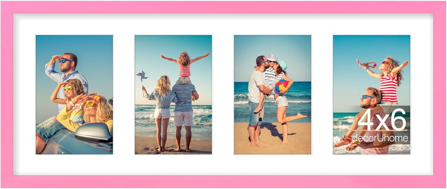 decorUhome 8x20 Picture Frames Collage Wall Decor, Display 4Pcs 4x6 Photos with Mat or 1Pcs 8x20 Unmatted, 4 4x6 Collage Picture Frames for Wall Mounting, Pink