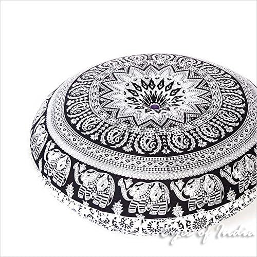 Eyes of India - Mandala Floor Pillow Cover Meditation Cushion Seating Throw Hippie Round Colorful Decorative Bohemian Indian Pouf Ottoman Handmade Cover ONLY (B1 White Black, 32" x 32")