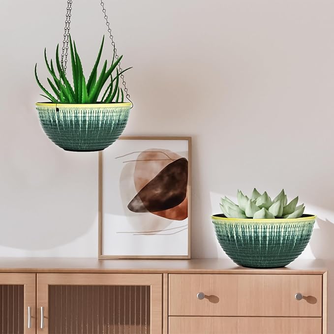 10in Hanging Planters for Indoor and Outdoor Plants, 2 Pack Hanging Planter with Drainage Hole, Round Hanging Flower Pots for Garden Home Decor (Green Glaze)