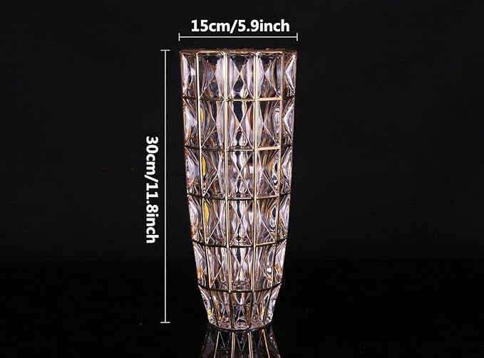 Hand Painted Gold Unique Diamond-Shaped Glass Flower Vase 11.8" Tall for Home Decor, Dining Wedding Table Office Holiday Party Centerpiece Decoration.