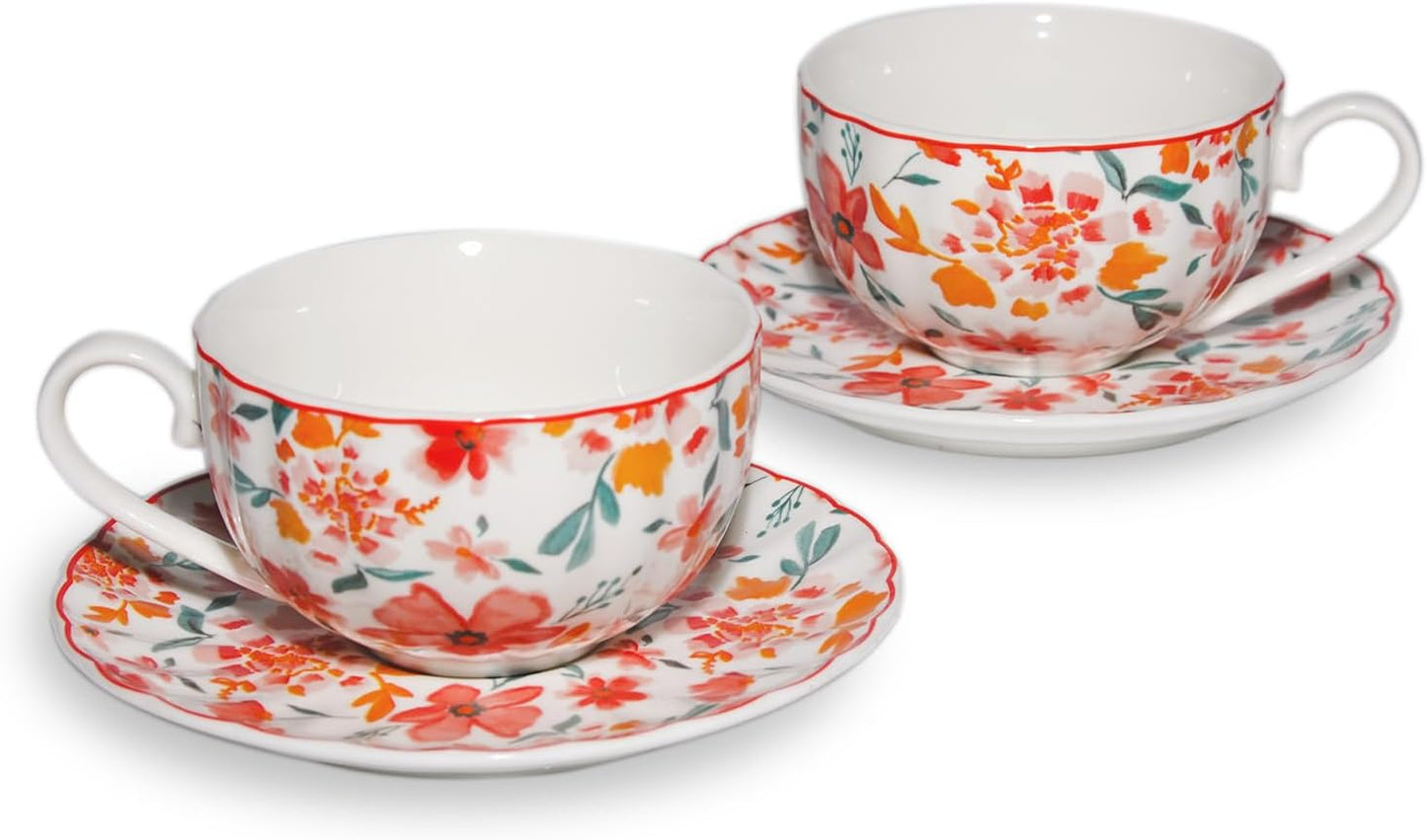 Cups and Saucers Coffee Tea Cups Set of 2 (7.4 oz/ 220ml) Ceramic Cup Espresso Mug with Gold Trim Floral Porcelain Vintage Flower Pattern for Gifts, Gatherings, Receptions,Breakfast, Home