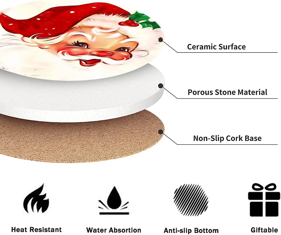LOKMU Coasters for Drinks,Round Absorbent Ceramic Stone Coaster Sets of 6 with Metal Holder Stand,Vintage Santa Claus Coasters with Cork Base for Coffee Wooden Table,Housewarming Gifts,Christmas