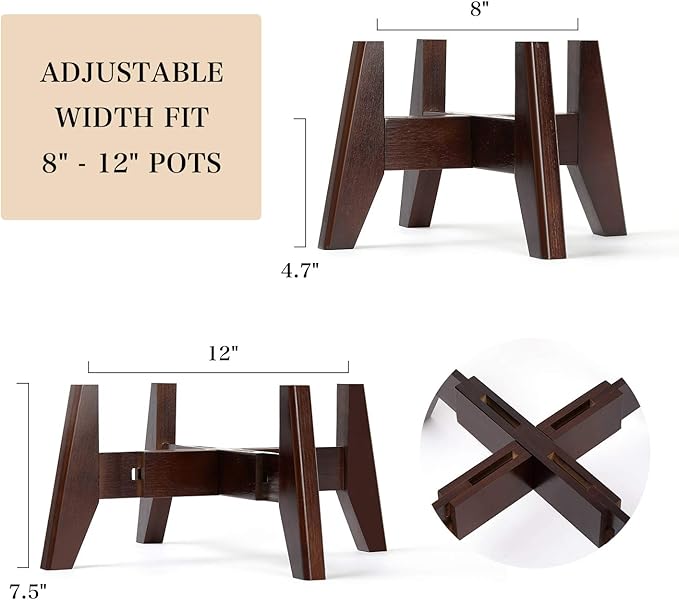 Seanmi Plant Stands for Indoor Plants, Bamboo Plant Stand, Mid Century Plant Holder, Adjustable Width, Fits 8 9 10 11 12 inches Pots - Dark Brown (Planter Stand Only)