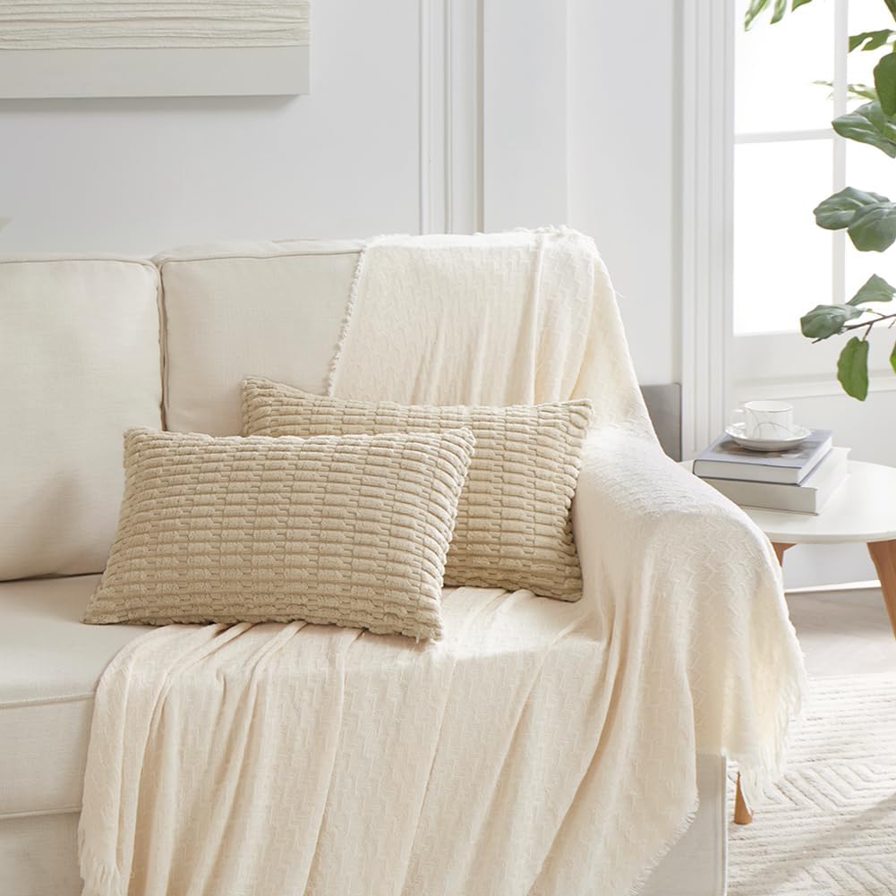 Fancy Homi 4 Packs Tan Decorative Throw Pillow Covers 16x24 Inch for Living Room Couch Bed Sofa, Beige Rustic Farmhouse Boho Home Decor, Soft Plush Striped Corduroy Square Cushion Case 40x60 cm