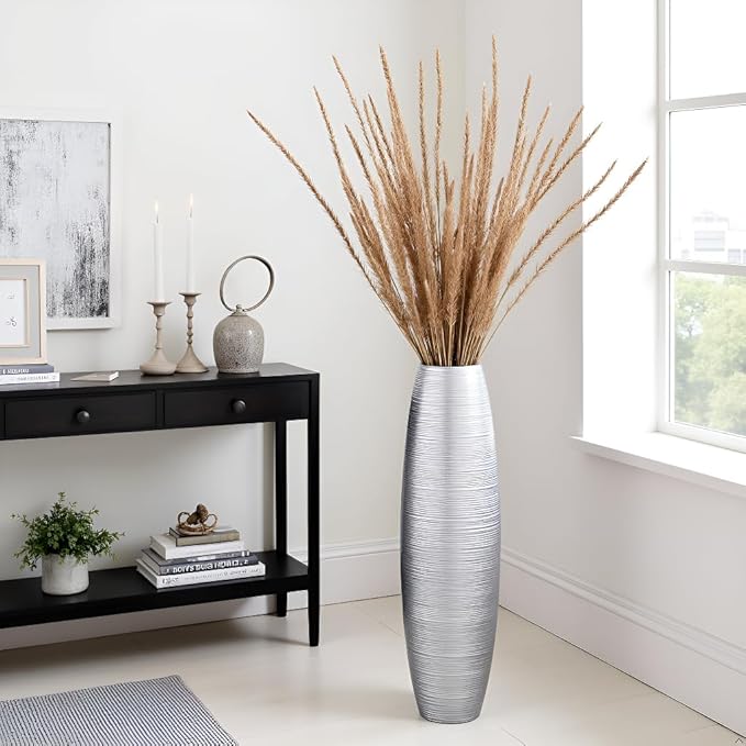 Tall Floor Vase, 27.5 inches (70cm, 2.3FT) Tall Vases Sturdy, Luxury, Textured for Decorative Branches Dried Flowers, Floor Vase for Rustic Living Room, Modern Decor, Resin Silver Vases