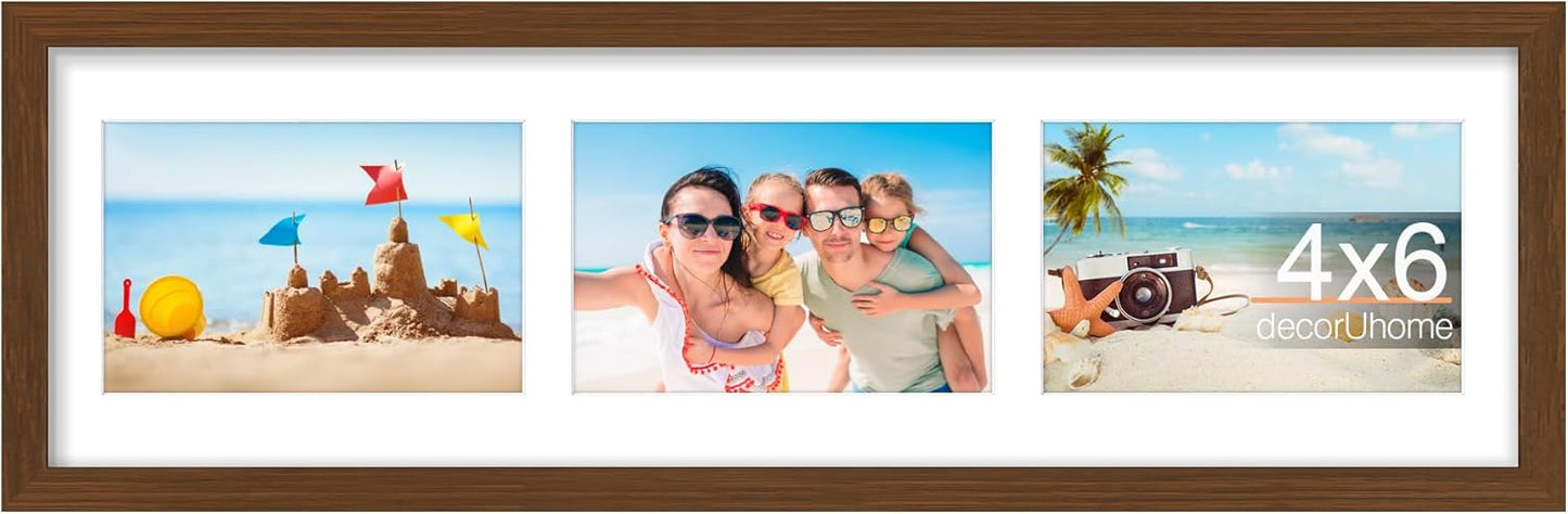 decorUhome 6x20 Picture Frames Collage Wall Decor, Display 3Pcs 4x6 Photos with Mat or 1Pcs 6x20 Unmatted, 3 4x6 Collage Picture Frames for Wall Mounting, Brown