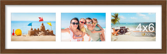 decorUhome 6x20 Picture Frames Collage Wall Decor, Display 3Pcs 4x6 Photos with Mat or 1Pcs 6x20 Unmatted, 3 4x6 Collage Picture Frames for Wall Mounting, Brown