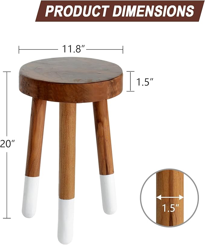 Teak 11.8" Round Dip Dyed Teak Stool | Wood Accent Side Table | Wood Plant Stand (20" Tall White)