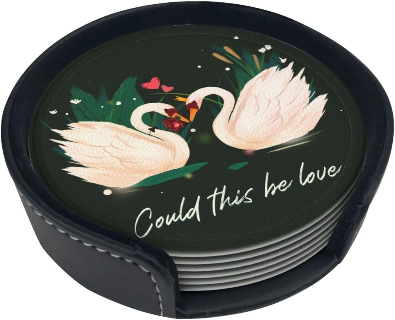 Drink Coasters with Holder Stand Set of 6, Swan Pu Leather Absorbent Coasters with Cork Base Table Round Coaster for Housewarming Apartment Kitchen Bar Decor