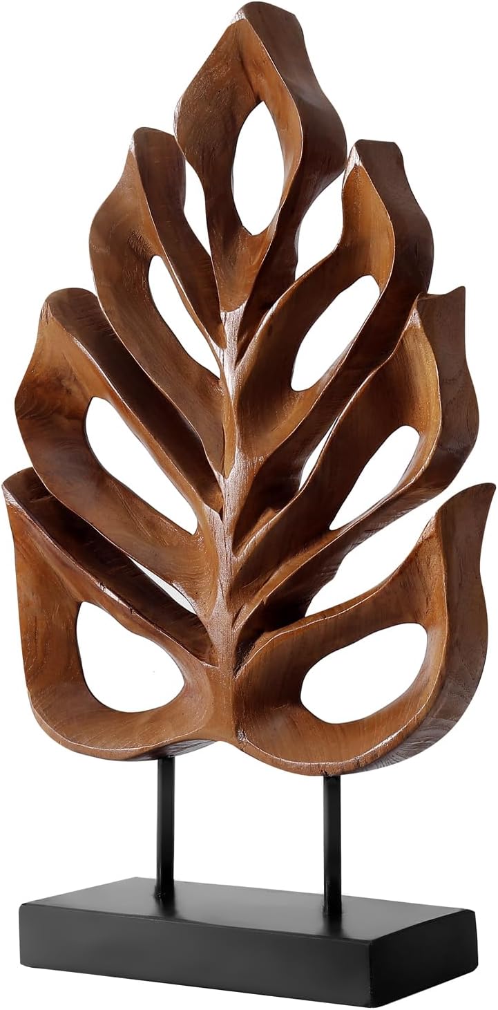 Leaf Teak Sculpture, Wood Tabletop Sculpture Collectible Decoration Gift for Home Office Decor
