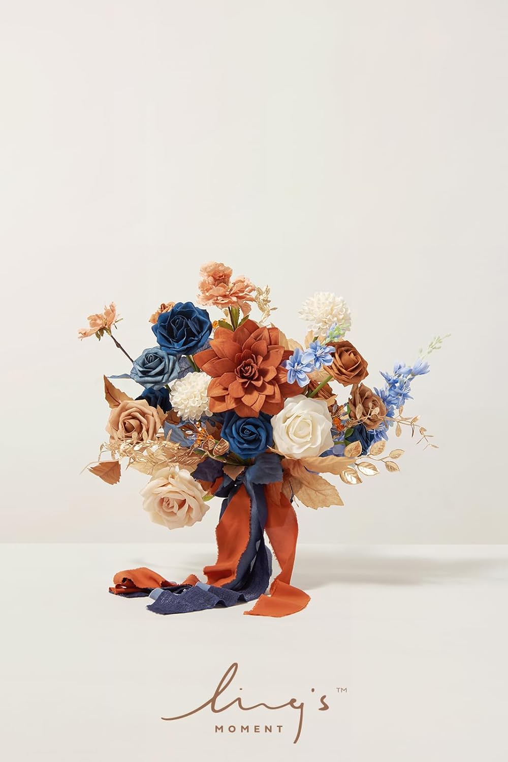 Ling's moment Blue and Orange Wedding Bouquets for Bride, Navy Orange Bridal Bouquets for Bride, 13 Inch Free Form Artificial Wedding Flowers Bouquets