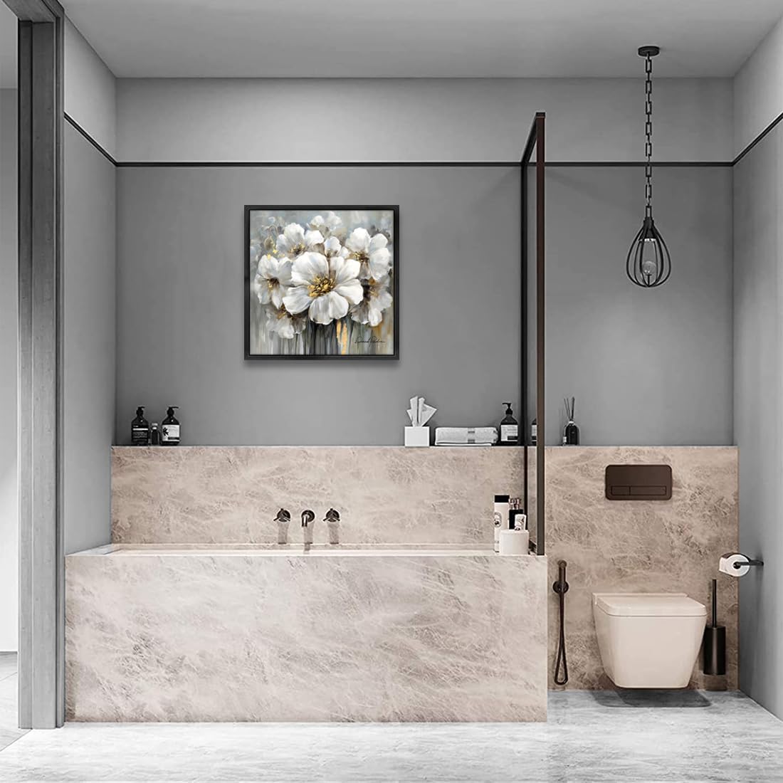 Framed Flowers Canvas Wall Art, 24W x 24H inch, White Floral and Black Frame