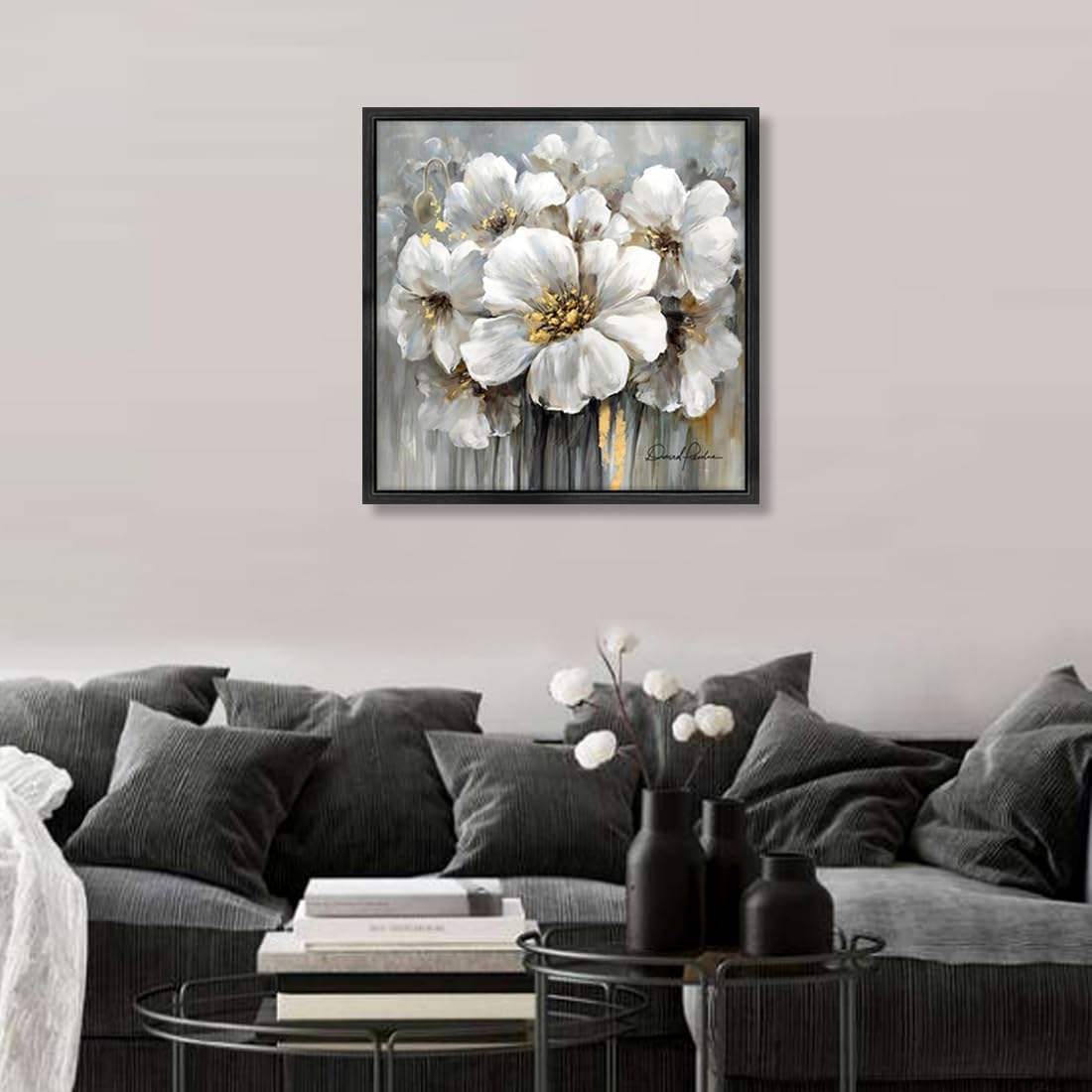 Living Room Flowers Wall Art White and Gray Floral Pictures with Gold on Canvas for Home Decor Framed 30" x 30", Solid Wood Framed