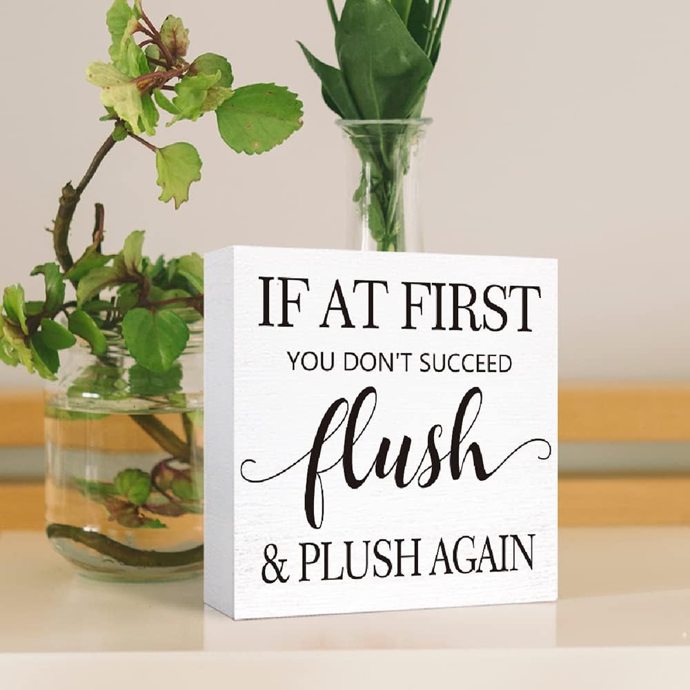 Funny Bathroom Wood Sign If At First You Don't Succeed Flush and Plush Again Wood Block Sign for Bathroom Shelf Toilet Restroom Home Tabletop Desk Decor,Farmhouse Bathroom Wooden Box Sign