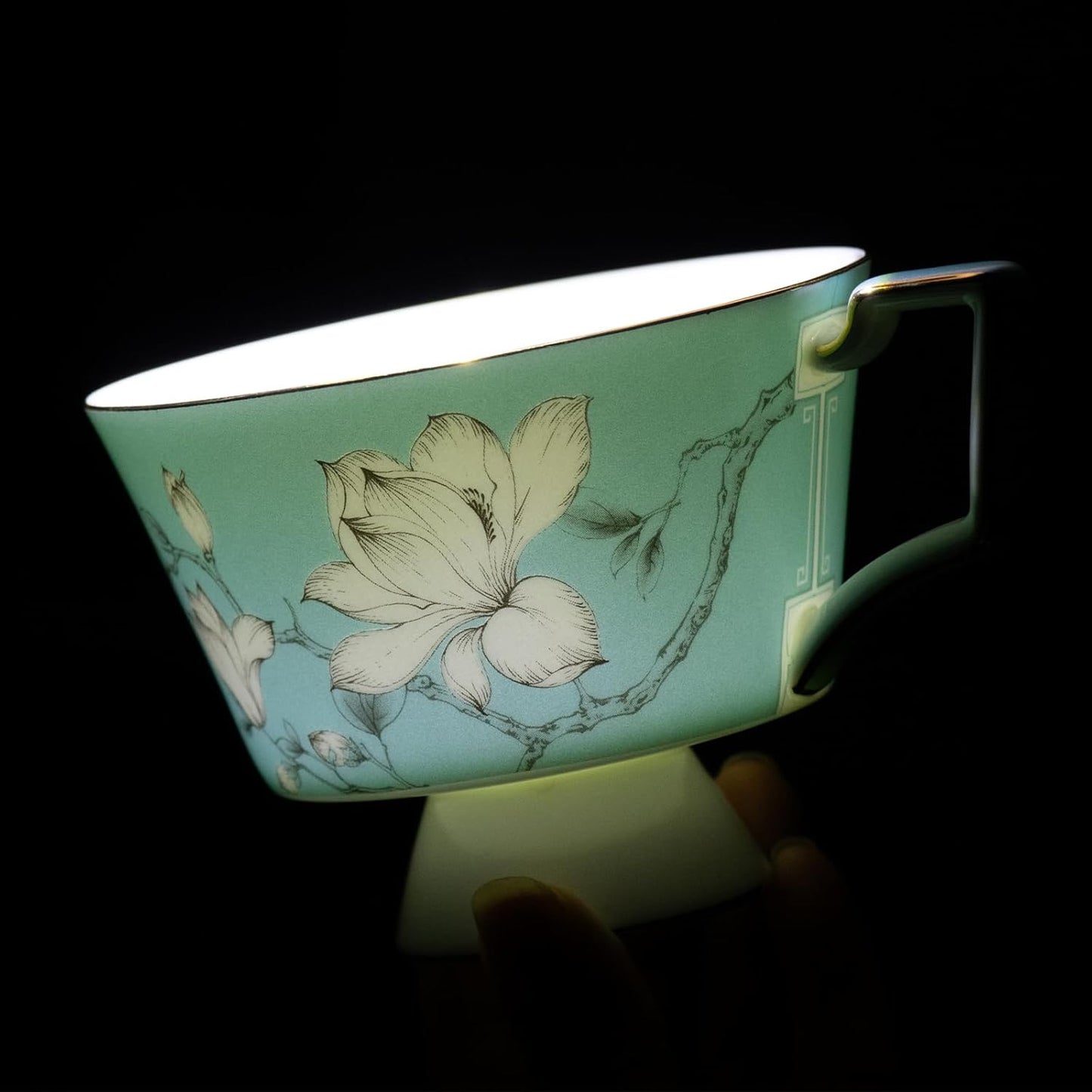 KAMMAK Ceramic Coffee Cups Saucers Set of 2, Porcelain Espresso Cups with Saucers, 8.12 oz Handcrafted Elegant Bone China Tea Cups, Blue & Sage Green Flower Teacup for Party, Office, Women Gift