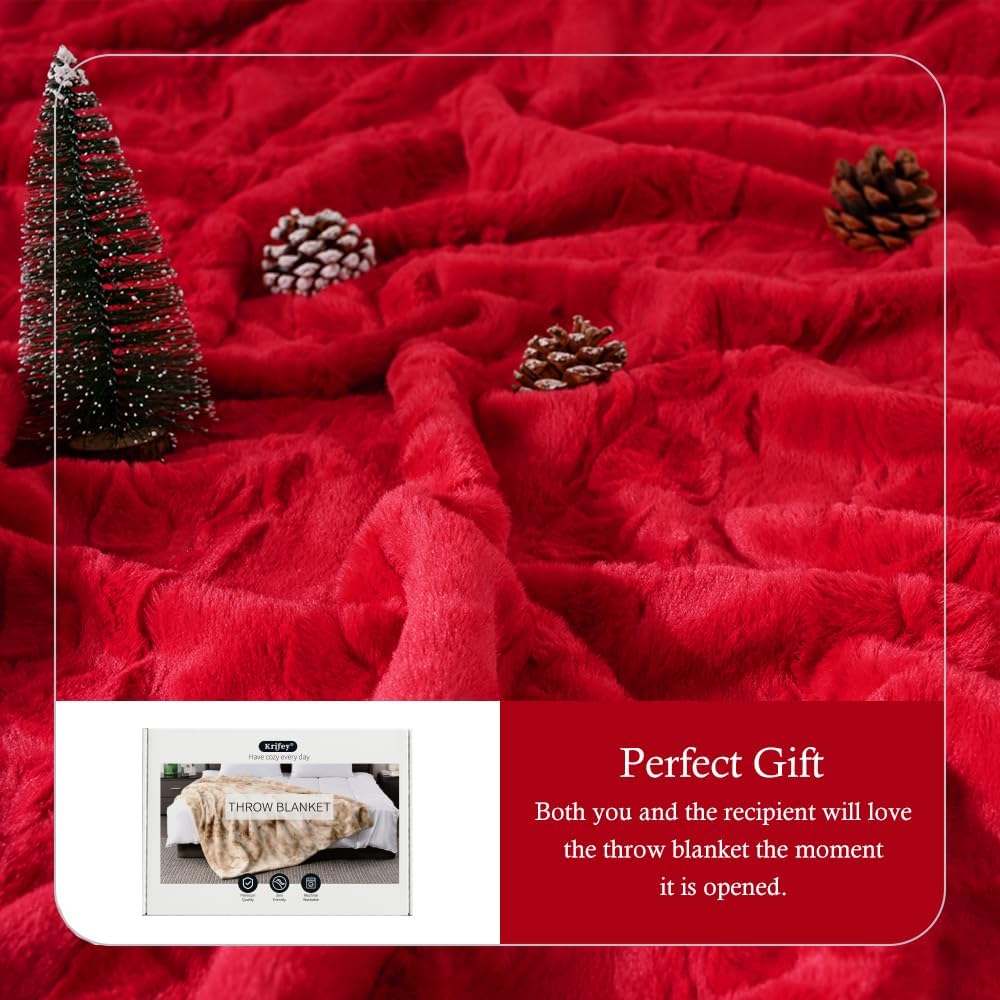 Krifey Oversized Faux Fur Blanket, Super Soft Cozy Blanket, Luxury Fluffy Throw Blanket Fuzzy Bed Throw, Plush Christmas Birthday Gifts for Women, Room Home Dorm Decor, Red, 50" x 60"