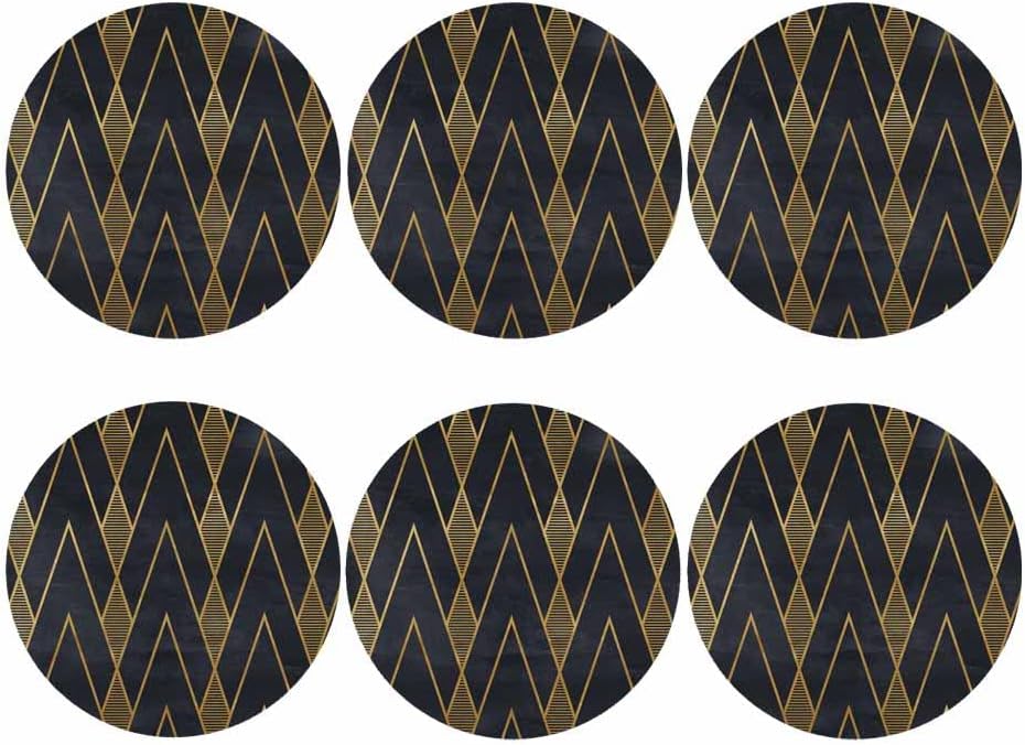 IBILIU Art Deco Coasters for Drinks,Set of 6 Leather Coaster,Golden Geometric Retro Blue Black Round Drink Coaster Cup Coasters for Home Kitchen Office Bar