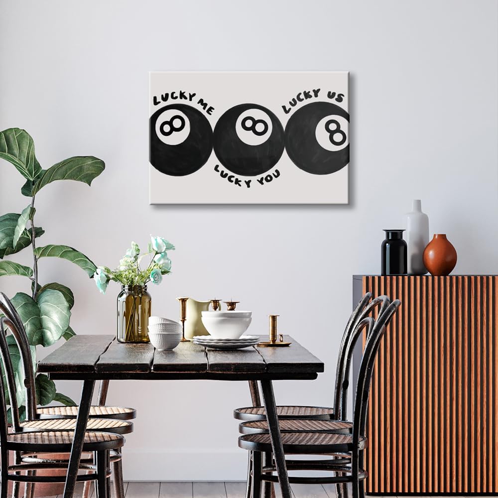 Lucky Me Lucky You Lucky Us Quote Cool Canvas Wall Art Vintage Black 8 Balls Poster Playful Billiards Print Paintings Trendy Aesthetic Pictures Decor for Home Game Room Bar Cart 12x16inch Unframed