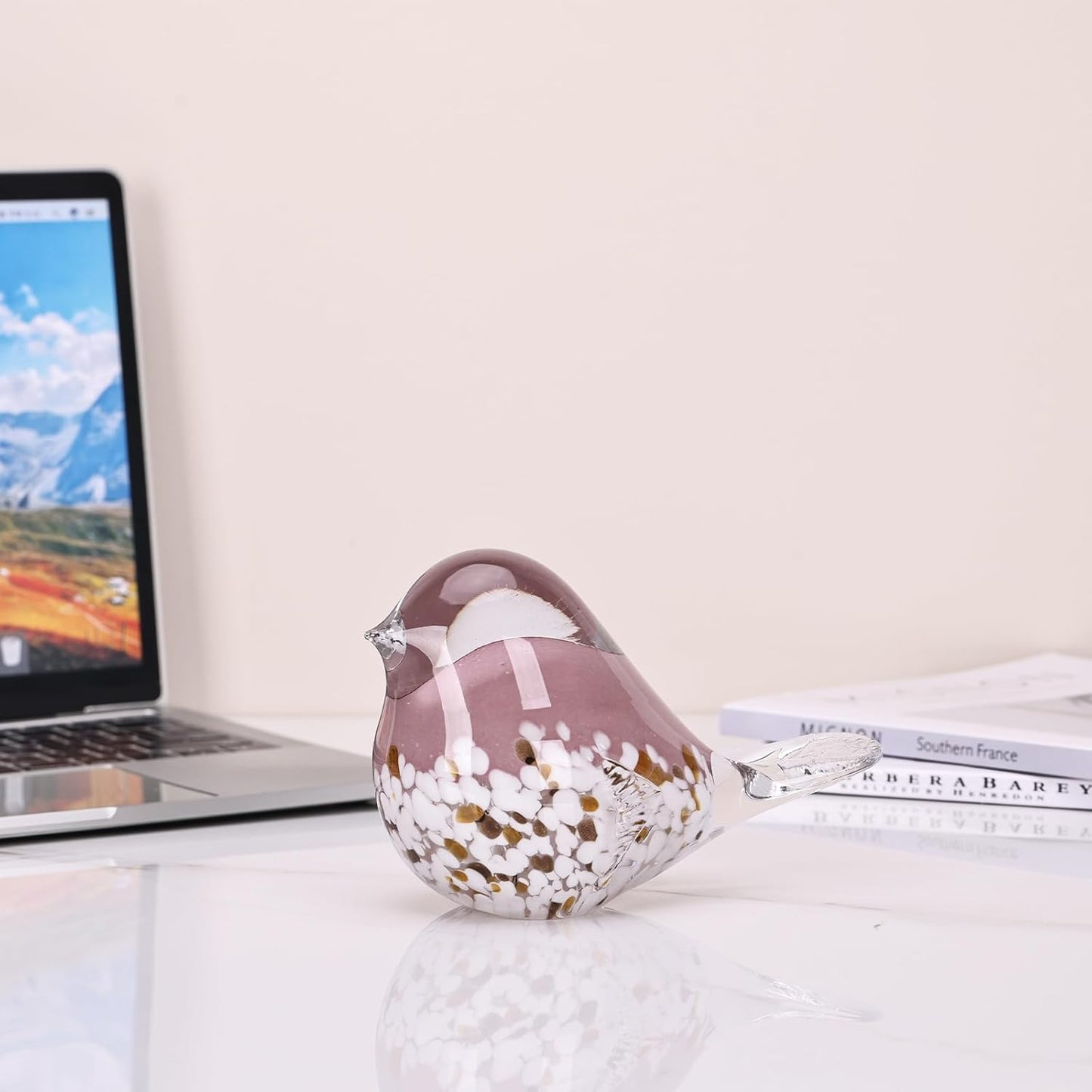 DOVDOV Hand Blown Glass Bird Statue Home Decor, Small Pink Glass Art Bird Sculpture for Office Desktop, Dresser entryway Decorative Ornament and Paperweight.