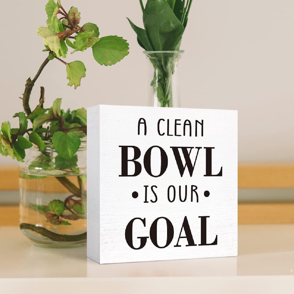 Funny Bathroom Wood Sign a Clean Bowl is Our Goal Wood Block Sign for Bathroom Shelf Toilet Restroom Home Tabletop Desk Decor,Farmhouse Bathroom Wooden Box Sign