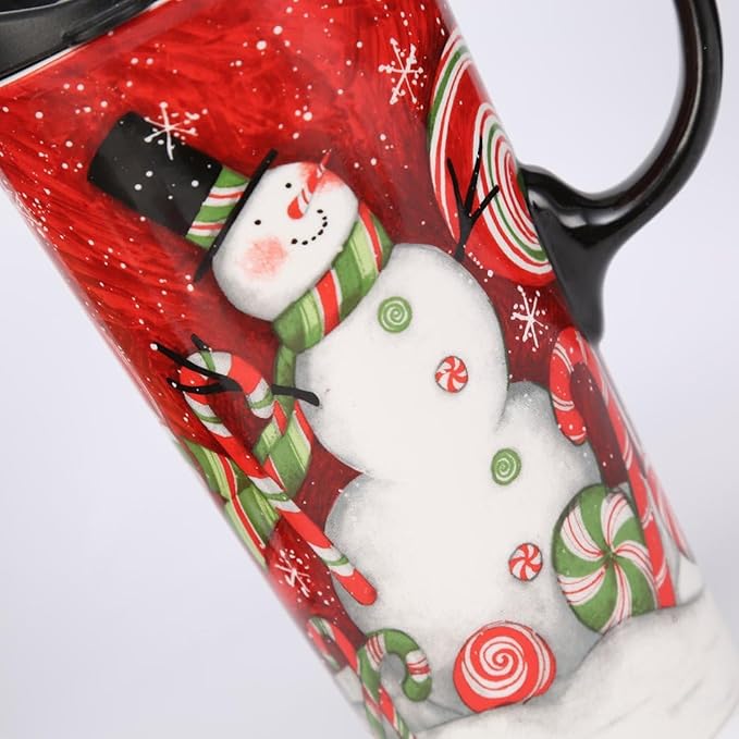 Topadorn Coffee Ceramic Mug Porcelain Latte Tea Cup With Lid in Gift Box 17oz., Santa Snowman