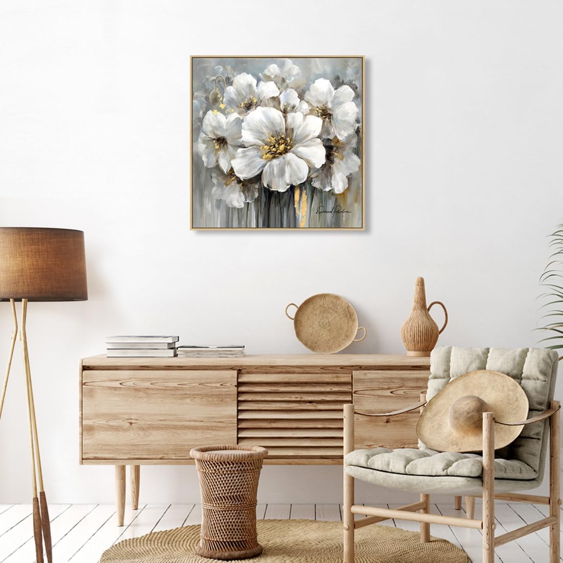 Living Room Flower Wall Art White and Gray Floral Picture with Gold on Canvas for Home Decor Framed 24" x 24", Solid Wood Frame