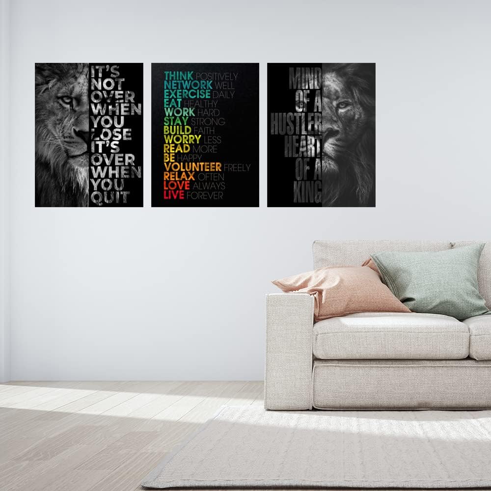 Lion Wall Art - Motivational Wall Art Decor, Framed Canvas Prints for Office Decor, Inspirational Quotes Posters for Men, Leadership & Strength Pictures for Home Office Bedroom Living Room, 20inch x28inch x3pcs