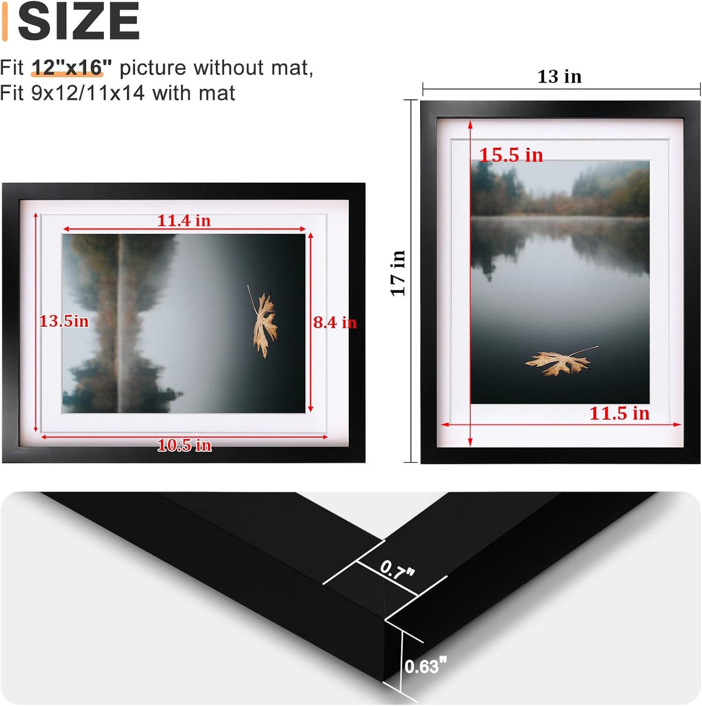 Egofine 12x16 Picture Frames Set of 4, Made of Solid Wood Covered by Plexiglass 9x12 and 11x14 with Mat or 12x16 without Mat, for Wall Mounting Photo Frame Black