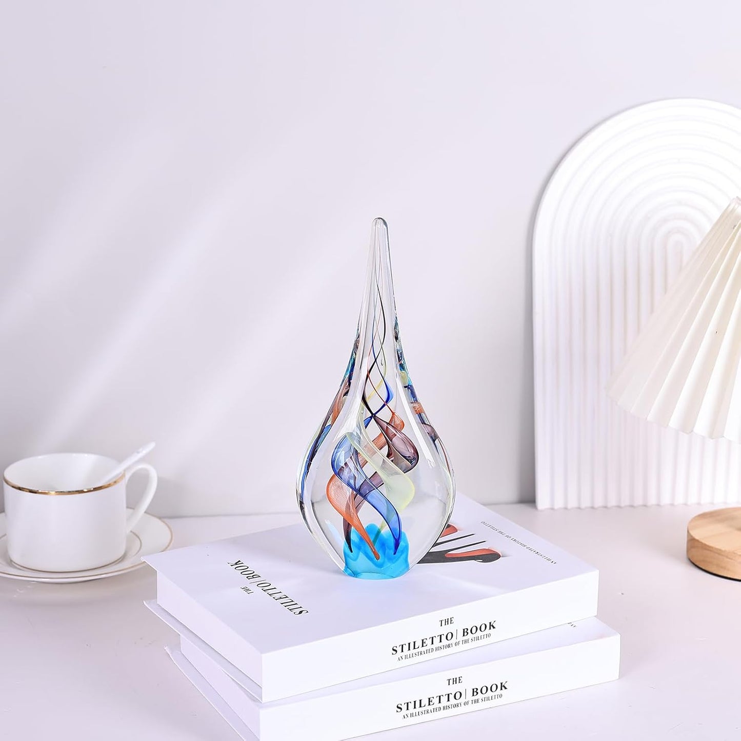 Blown glass sculpture, multi-color transparent glass art teardrop statue, unique ocean theme decoration for office, bookshelf, dresser, living room coffee table, fireplace countertop decoration.