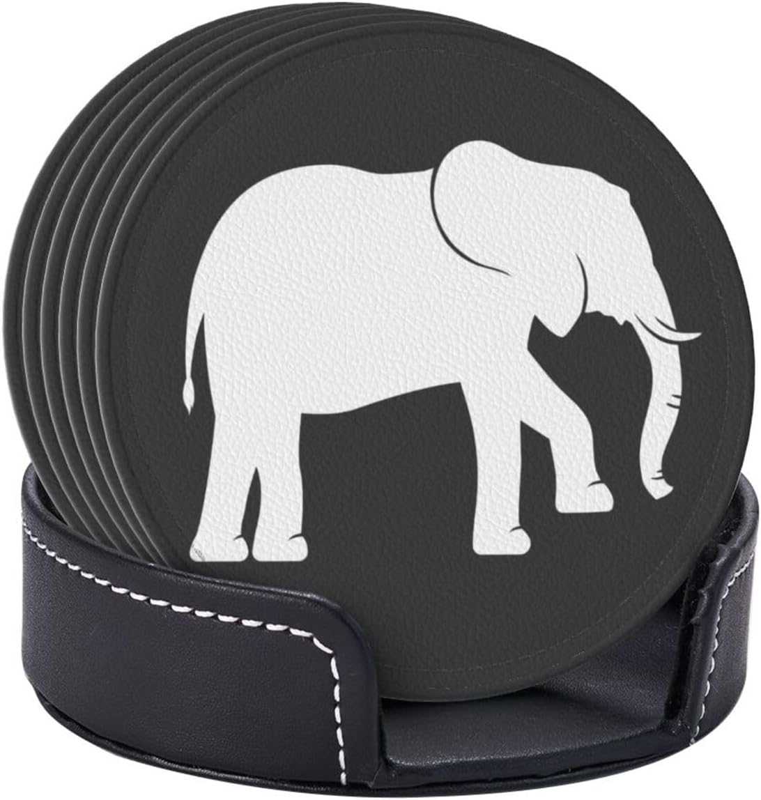 Black and White Elephant Leather Drink Coasters Set of 6 with Holder Round Cup Coaster for Table Decor