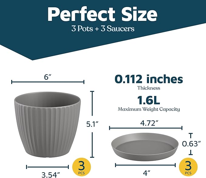 Gray 6-Inch Plant Pots with Drainage & Saucers 3 Pack, Indoor & Outdoor Planters for Houseplants, Herbs, and Flowers, Durable & Weatherproof Material, Stackable, Lightweight, Minimalist Design