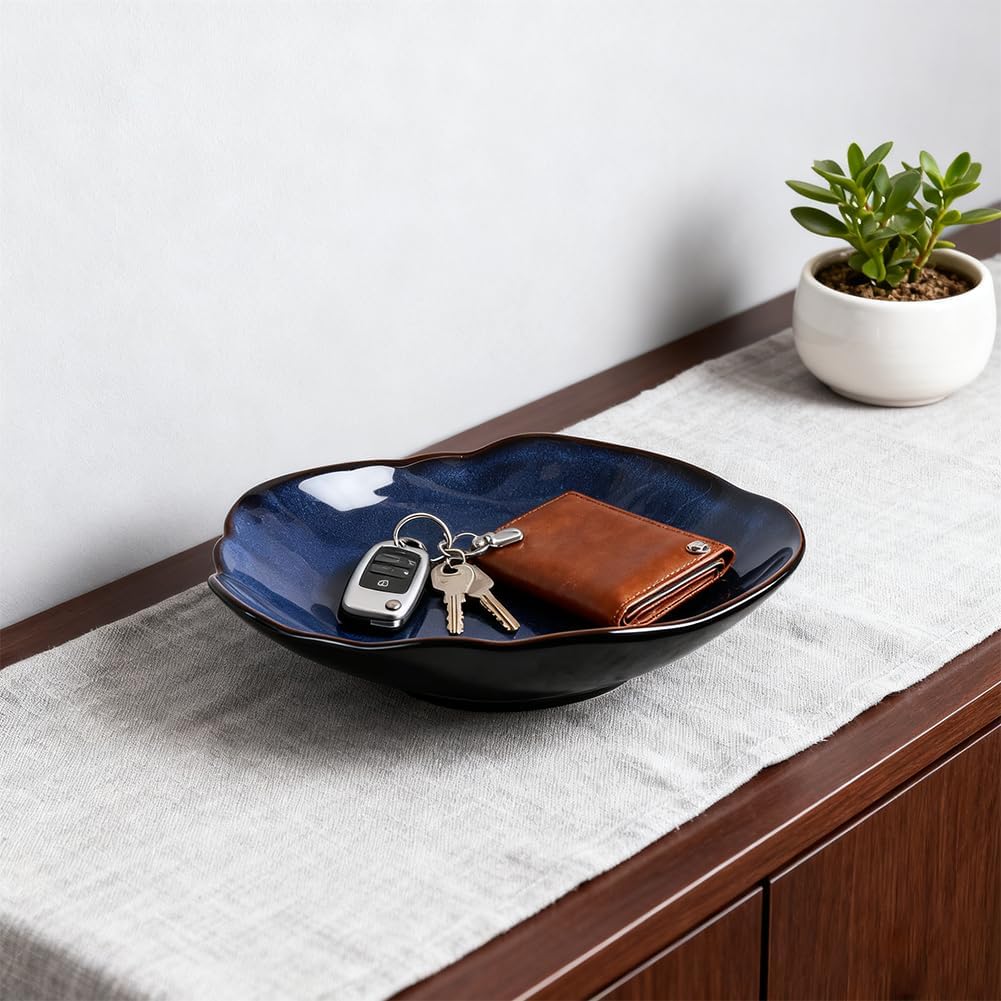Blue Ceramic Decorative Bowl –10.4" Small Trinket Dish, Fruit Bowl, Candy Dish, Key Bowl for Entryway Table, Jewelry & Ring Dish, Porcelain Catchall Dish for Kitchen, Bedside, Living Room Home Decor