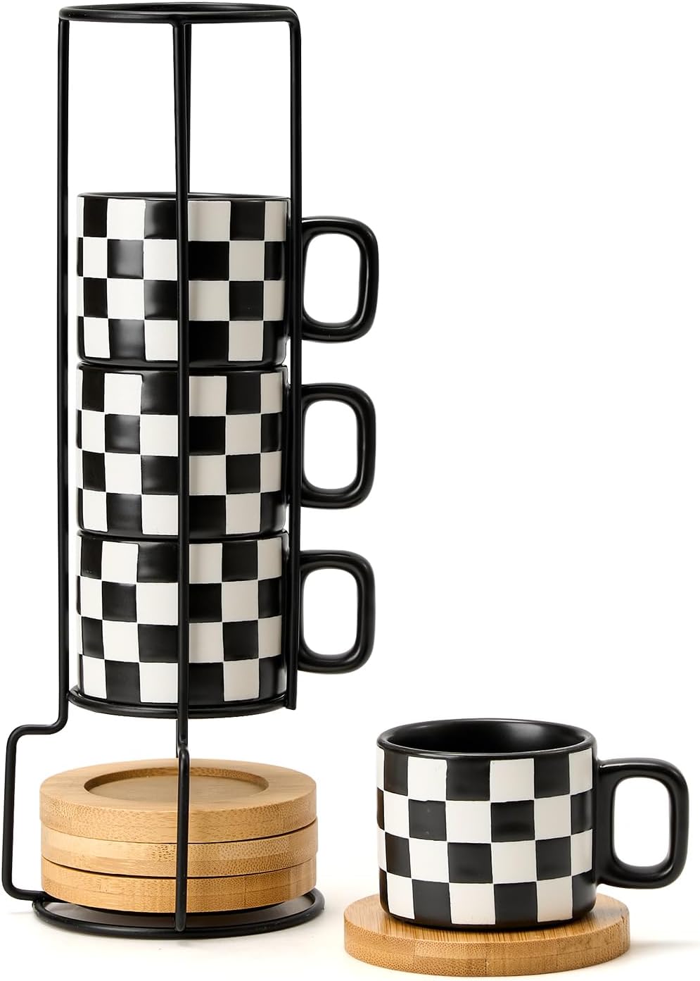 LUKA Porcelain Stackable Black and White Checkered Espresso Cups with Saucers and Metal Stand, 4 Ounce Small Ceramic Demitasse Cups Set for Coffee Drinks, Latte, Tea - Set of 4, Black Interior